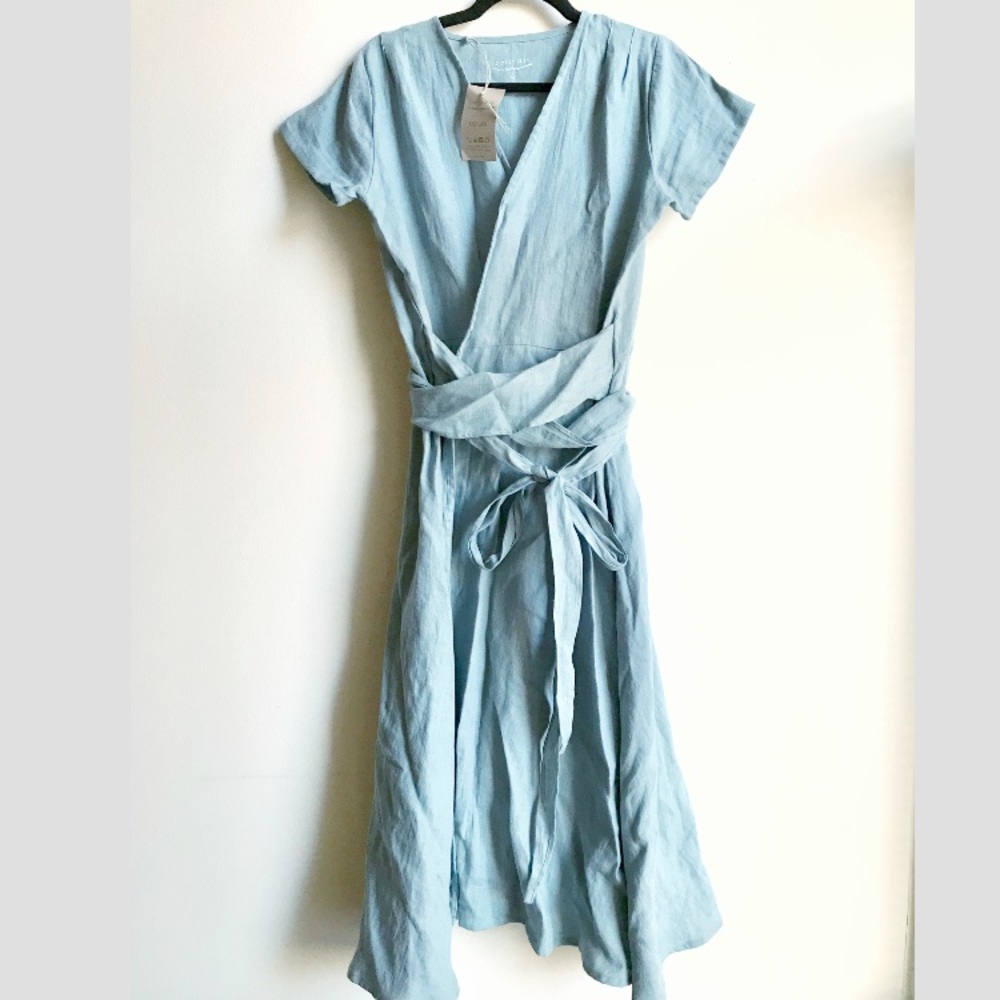 Simply Grey linen wrap dress in dusty aqua